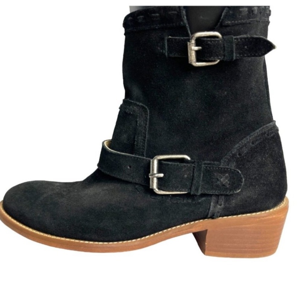 Musse & Cloud moto black suede Stitched Ankle buckle boots By Anthropologie Sz 8